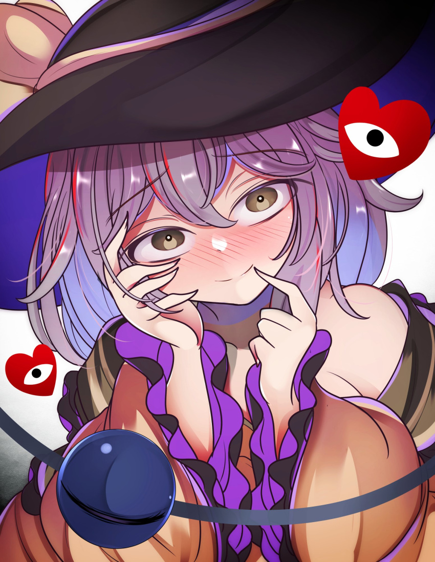 1girl bare_shoulders black_hat blush closed_mouth commentary constricted_pupils crazy_eyes finger_to_mouth frilled_shirt_collar frills full-face_blush green_eyes grey_hair hair_between_eyes hand_on_own_cheek hand_on_own_face hands_up hat heart highres index_finger_raised kana_(user_rkuc4823) komeiji_koishi long_sleeves looking_at_viewer lovestruck multicolored_hair nose_blush raised_eyebrows red_hair shirt simple_background smile solo split_mouth streaked_hair third_eye touhou upturned_eyes white_background wide-eyed wide_sleeves yandere yellow_shirt