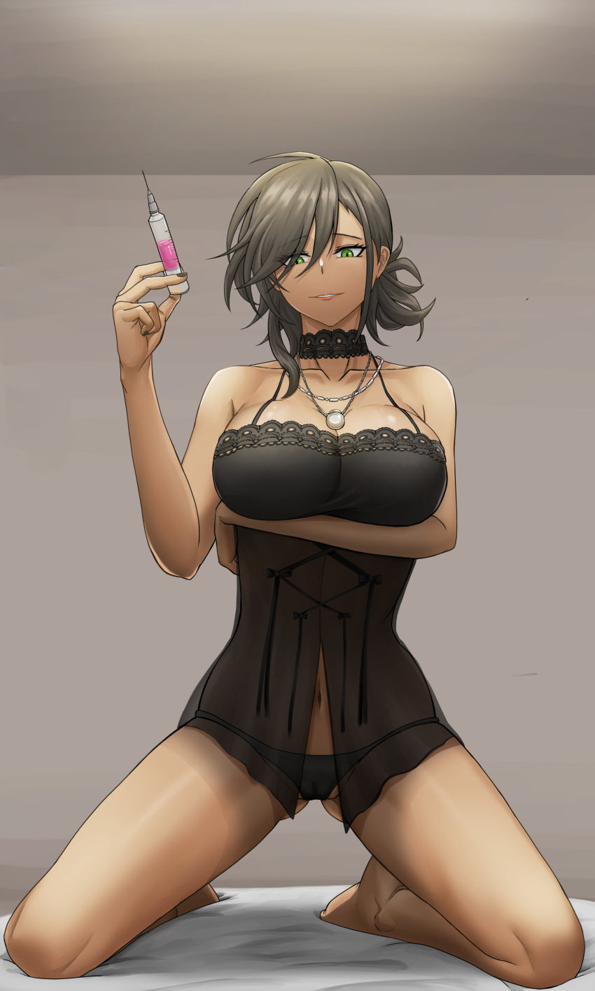 1girl absurdres black_choker black_nails black_nightgown black_panties breast_hold breasts cameltoe choker cleavage colt_walker_(girls'_frontline) dark-skinned_female dark_skin english_commentary full_body girls'_frontline green_eyes highres holding holding_syringe jewelry kepra_iii kneeling large_breasts looking_at_viewer medium_hair necklace nightgown official_alternate_costume panties parted_lips smile solo straight-on syringe underwear