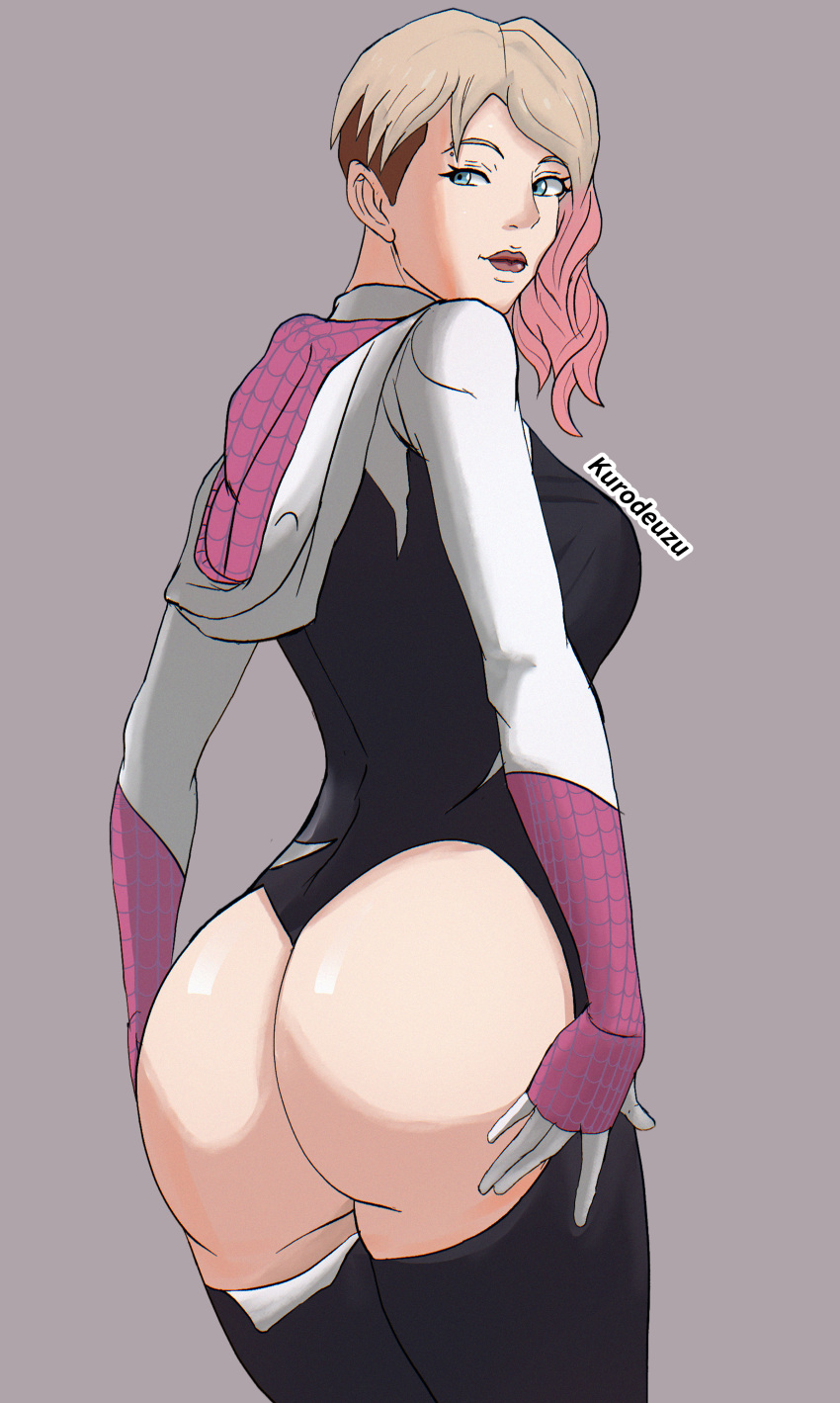 1girl absurdres ass ass_grab blush bodysuit breasts cosplay gwen_stacy highres long_hair looking_at_viewer marvel non-web_source spider-gwen spider-gwen_(cosplay) spider-man:_across_the_spider-verse spider-man_(series) spider-verse
