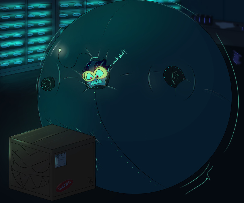 2024 6:5 absurd_res anglerfish anglerfish_humanoid animal_humanoid anthro baxter_(hazbin_hotel) bloated blue_text close_to_bursting clothing dialogue fish fish_humanoid hazbin_hotel hi_res humanoid hyper hyper_inflation immobile implied_popping inflation inflation_fetish marine marine_humanoid motion_lines noissses profanity spherical_inflation suit text