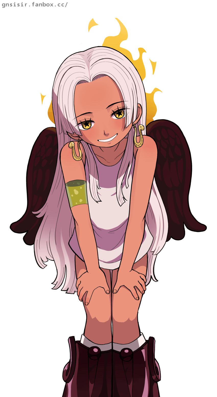 1girl absurdres black_wings boots dark-skinned_female dark_skin dress earrings feathered_wings fire gnsisir highres jewelry looking_at_viewer one_piece s-snake seraphim_(one_piece) simple_background smile snake_earrings solo star-shaped_pupils star_(symbol) symbol-shaped_pupils white_background white_dress white_hair wings