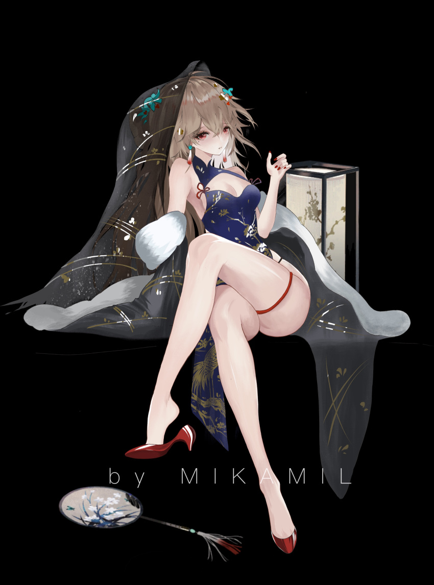 1girl absurdres artist_name bare_shoulders black_background blue_dress character_name chinese_clothes dress feet full_body girls'_frontline high_heels highres legs long_hair red_eyes red_footwear red_nails shoe_dangle sitting solo sp9_(girls'_frontline) sp9_(pride_of_the_winter_orchid)_(girls'_frontline)
