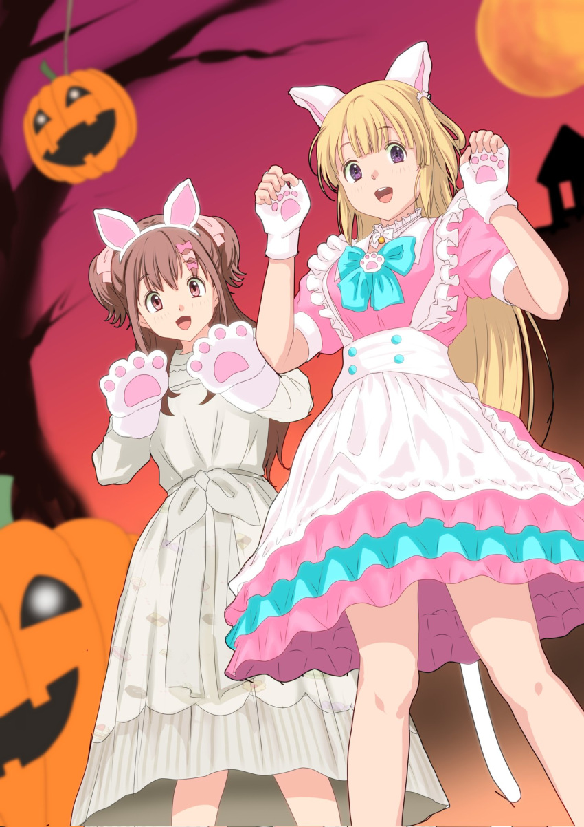 22/7 2girls animal_ears animal_hands apron arms_up blonde_hair blue_bow bow brown_eyes brown_hair bxtbsy7q76gxh73 cat_ears cat_paws cat_tail claw_pose cowboy_shot from_below fujima_sakura hair_ornament hair_ribbon halloween highres jack-o'-lantern long_hair looking_at_viewer maid maid_apron moon multiple_girls open_mouth purple_eyes ribbon sera_honoka smile tail twintails