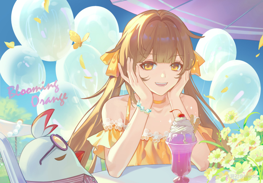 1girl :d balloon bare_shoulders bird brown_hair bug butterfly chicken choker commentary_request flower food hair_intakes hair_ribbon highres honkai:_star_rail honkai_(series) ice_cream long_hair manboygxg off-shoulder_shirt off_shoulder open_mouth ribbon shirt short_sleeves smile solo sushang_(honkai:_star_rail) twintails white_flower yellow_choker yellow_eyes yellow_ribbon yellow_shirt