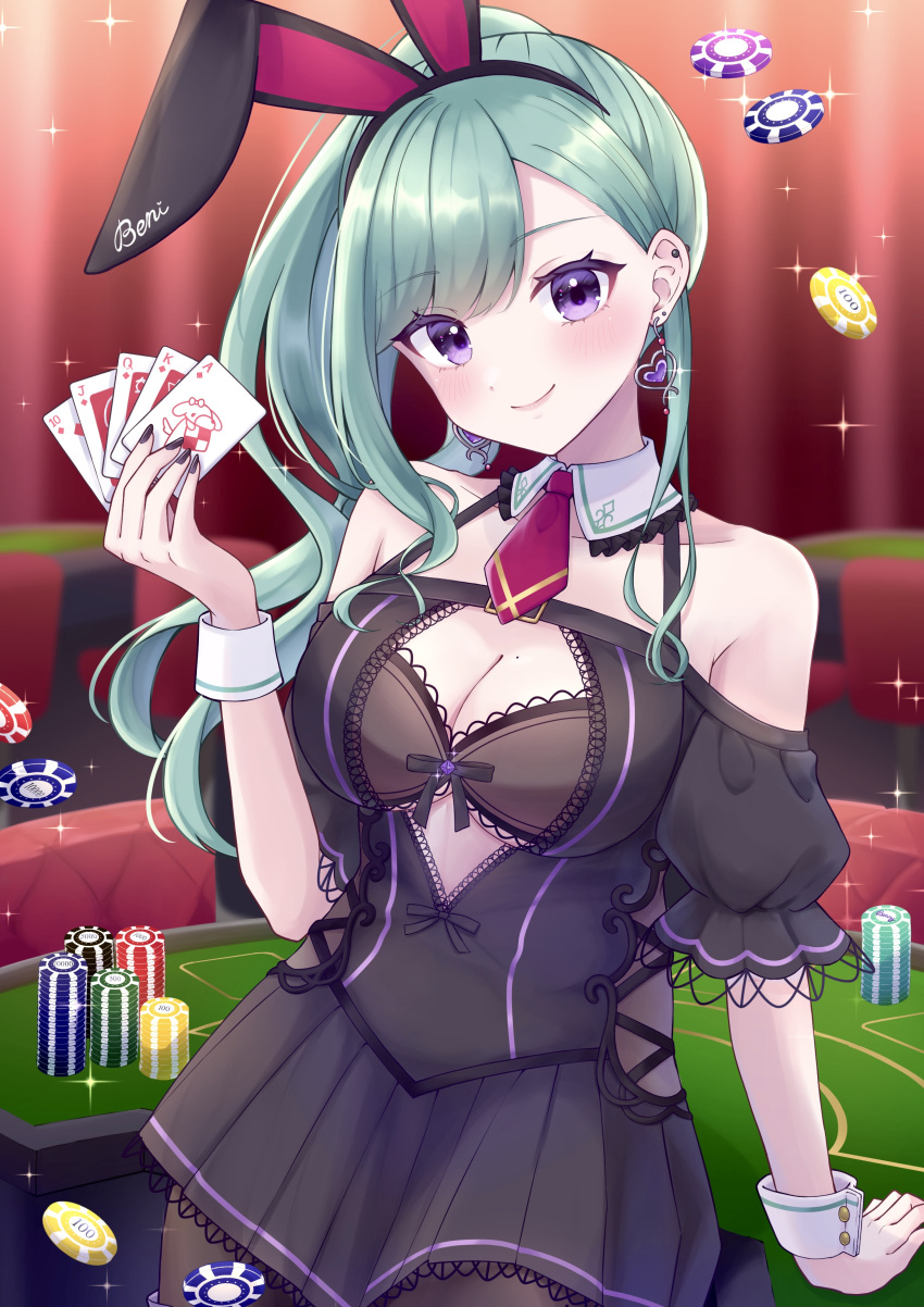 1girl absurdres animal_ears arm_support bare_shoulders black_dress black_nails bow bow_bra bra breasts brown_bra brown_pantyhose card casino casino_card_table center_opening character_name chest_belt cleavage cross-laced_clothes cross-laced_dress cross-laced_slit dress ear_piercing earrings fake_animal_ears green_hair hair_behind_ear halter_dress halterneck heart heart_earrings highres holding holding_card indoors jewelry lace-trimmed_bra lace-trimmed_dress lace_trim long_hair looking_at_viewer medium_breasts mole mole_on_breast necktie nemui_85 pantyhose piercing playboy_bunny playing_card pleated_dress poker_chip purple_eyes rabbit_ears red_necktie short_dress short_necktie side_ponytail sitting smile solo sparkle swept_bangs table underwear virtual_youtuber vspo! wrist_cuffs yakumo_beni yakumo_beni_(2nd_costume)
