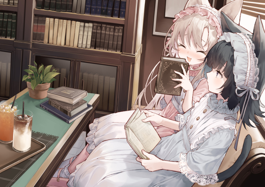2girls :d ^_^ animal_ears black_hair blush book book_stack bookshelf brown_hair cat_ears cat_girl cat_tail closed_eyes commentary_request couch cup day dress drinking_glass drinking_straw flower_pot grey_dress grey_eyes highres holding holding_book ice ice_cube indoors long_hair multiple_girls on_couch open_book original pink_dress plant potted_plant short_sleeves sitting smile sunlight tail tokuno_yuika tray very_long_hair window window_blinds