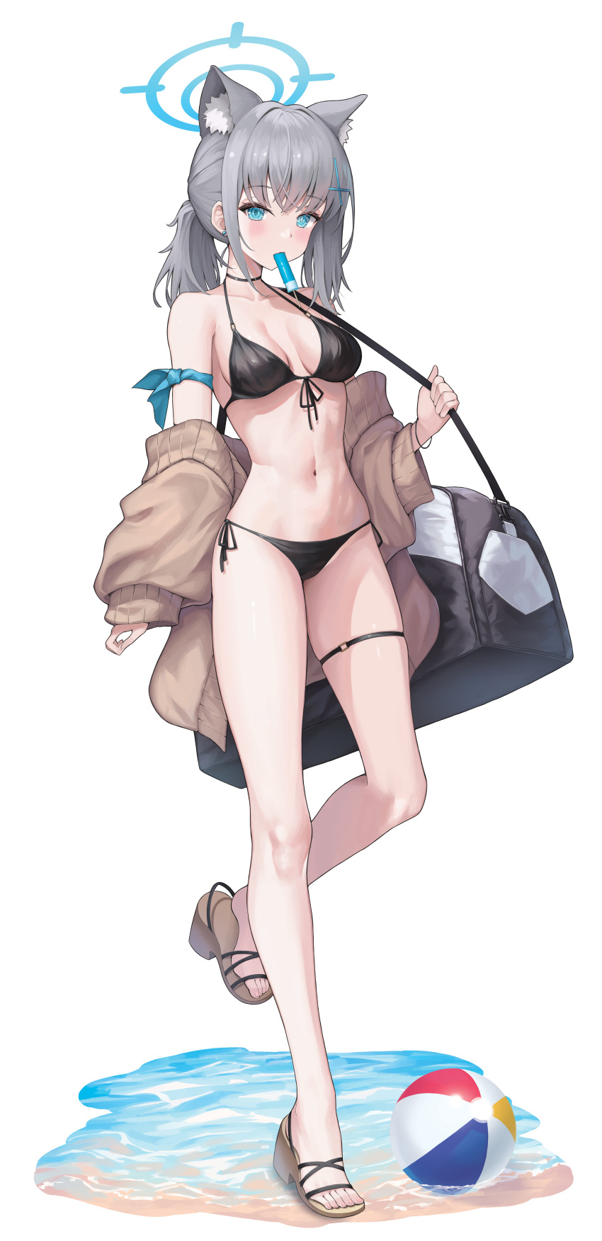 1girl absurdres alter_(kxk7357) animal_ear_fluff animal_ears ball bare_legs bare_shoulders beachball bikini black_bikini blue_archive blue_eyes blue_halo blush breasts brown_jacket collarbone cross_hair_ornament extra_ears food food_in_mouth full_body grey_hair hair_ornament halo highres jacket long_sleeves looking_at_viewer medium_breasts medium_hair mismatched_pupils mouth_hold navel off_shoulder open_clothes open_jacket popsicle sandals shiroko_(blue_archive) simple_background solo standing stomach string_bikini swimsuit thigh_strap toes white_background wolf_ears