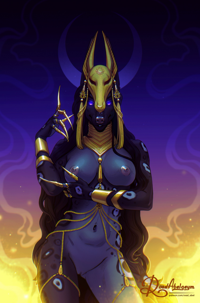 anthro anubian anubian_jackal black_hair breasts canid canine canis claws female genitals gold_(metal) gold_jewelry hair hi_res jackal jewelry long_hair mammal nipples pinup pose pussy road~abelgeym solo