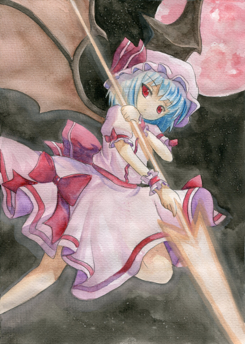 absurdres bad_id bad_pixiv_id bat_wings blue_hair dress hat highres moon pink_dress pose red_eyes red_moon remilia_scarlet short_hair short_sleeves slit_pupils solo spear_the_gungnir standing standing_on_one_leg sxbzero touhou traditional_media weapon wings