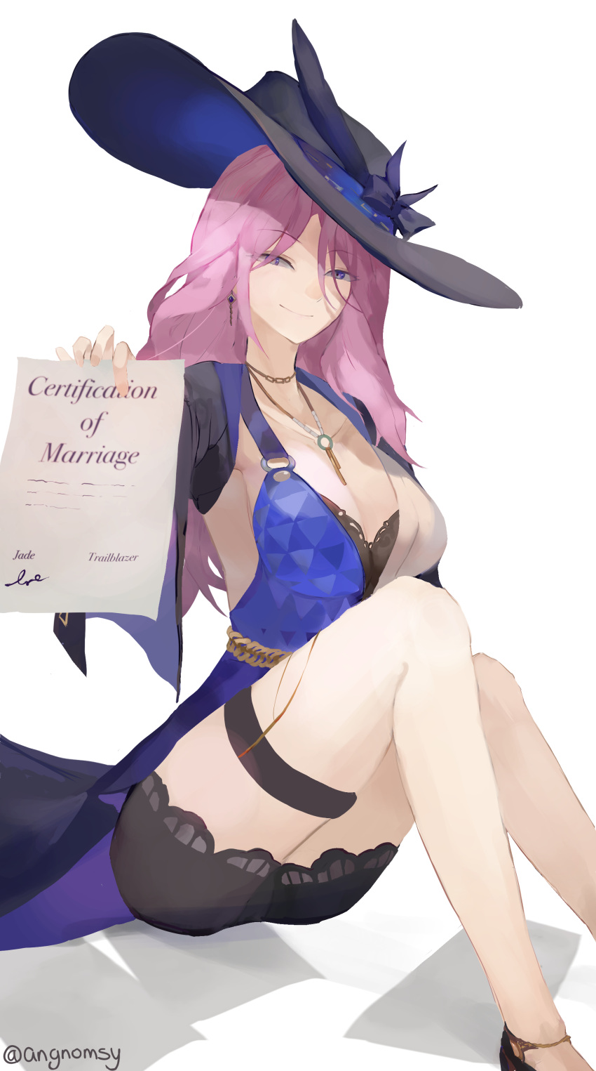 1girl absurdres angnomsy black_footwear black_hat commentary earrings english_commentary hat highres holding holding_paper honkai:_star_rail honkai_(series) jade_(houseki_no_kuni) jewelry long_hair looking_at_viewer marriage_certificate_(object) paper pink_hair purple_eyes shoes sitting smile solo thigh_strap twitter_username