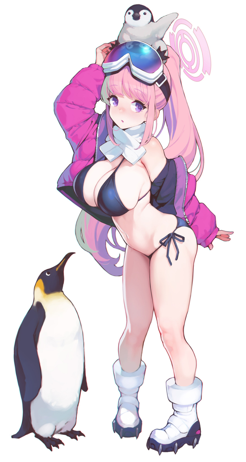 1girl animal_on_head arm_up ataruman bikini bird black_bikini blue_archive blush breasts eimi_(blue_archive) eimi_(swimsuit)_(blue_archive) full_body goggles goggles_on_head halo highres jacket large_breasts long_hair looking_at_viewer navel official_alternate_costume on_head open_clothes open_jacket penguin pink_hair pink_halo pink_jacket ponytail scarf side-tie_bikini_bottom simple_background ski_goggles solo standing swimsuit white_background white_scarf