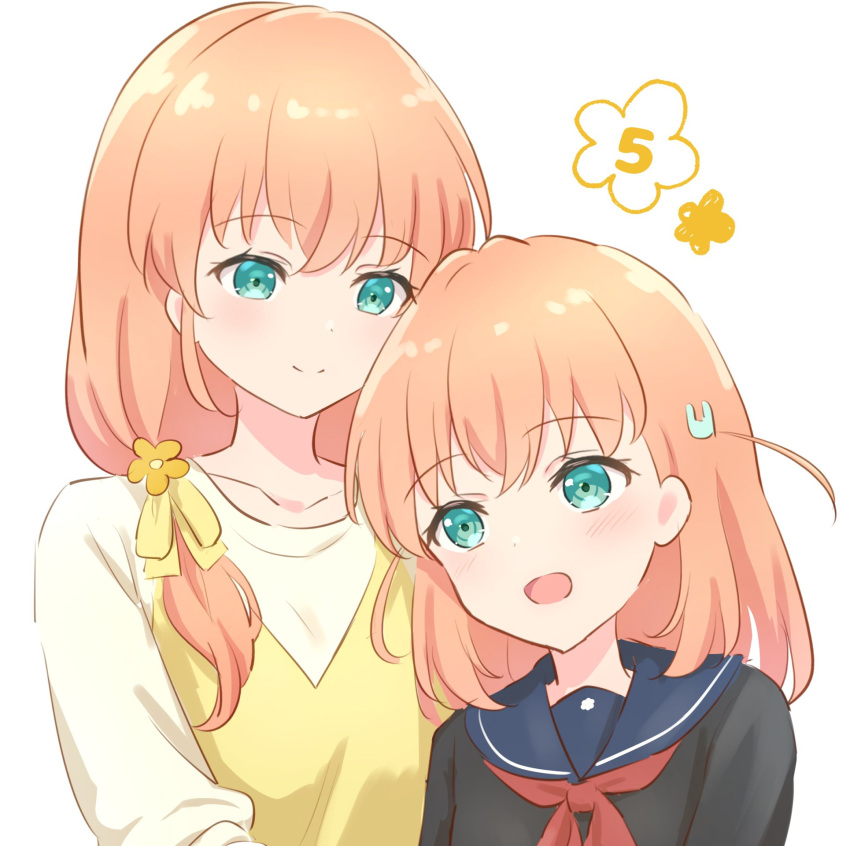 2girls :d aqua_eyes black_shirt blue_sailor_collar blush closed_mouth collarbone commentary crossed_bangs dress flower flower_(symbol) hair_flower hair_ornament hair_over_shoulder highres hinoshita_kaho hinoshita_kaho's_mother link!_like!_love_live! long_hair looking_at_another love_live! low_ponytail medium_hair mother_and_daughter multiple_girls neckerchief open_mouth orange_hair pinafore_dress rabbit_hair_ornament red_neckerchief sailor_collar school_uniform serafuku shirt sidelocks sleeveless sleeveless_dress smile split_mouth symbol-only_commentary two_side_up virtual_youtuber white_shirt yellow_dress yellow_flower yutuki_ame