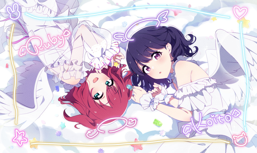 2girls absurdres angel_wings bare_shoulders black_hair commentary_request dress feathered_wings fukumaru_koito green_eyes highres idolmaster idolmaster_shiny_colors kurosawa_ruby long_hair long_sleeves looking_at_viewer love_live! love_live!_sunshine!! lying multiple_girls on_side open_mouth purple_eyes red_hair reikakrzk see-through see-through_sleeves sleeveless sleeveless_dress swept_bangs twintails two_side_up upper_body white_dress wings