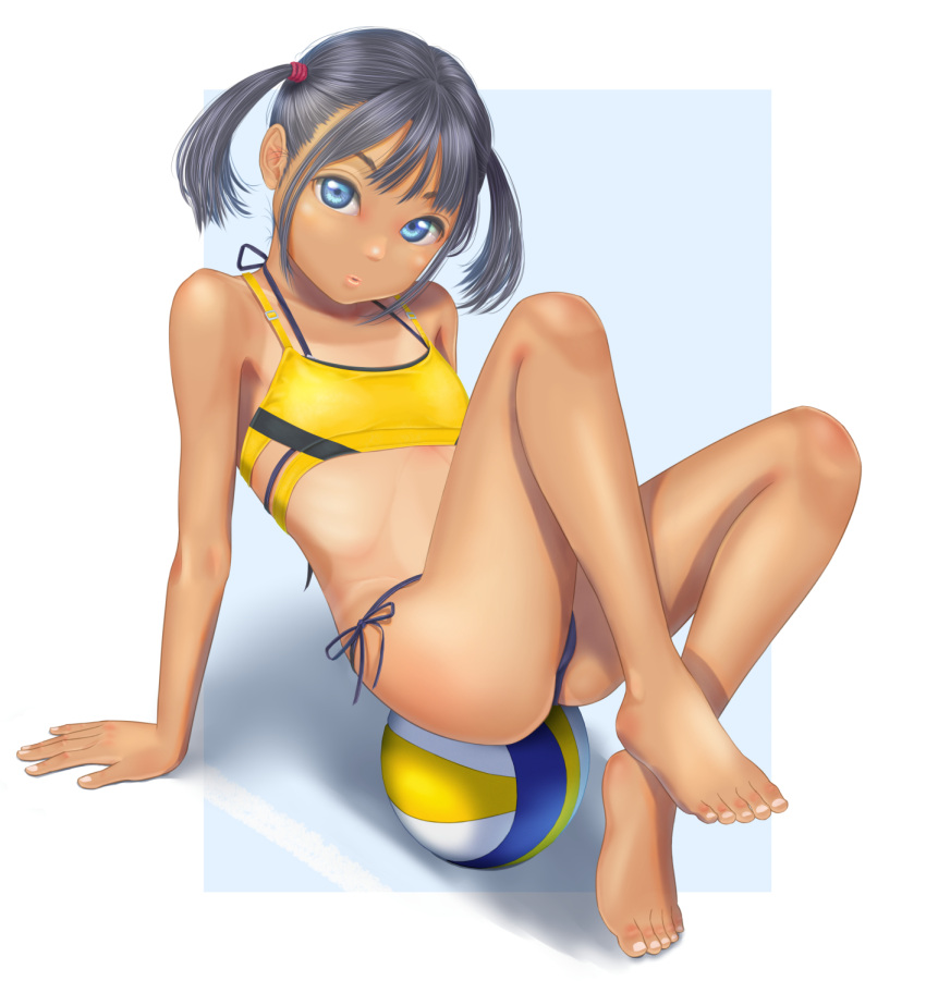 1girl arm_support ball barefoot beach_volleyball bikini blue_eyes commentary_request flat_chest full_body grey_hair highres looking_at_viewer original short_twintails side-tie_bikini_bottom sitting_on_ball solo swimsuit tan tanlines toes twintails uzuki_mei volleyball_(object)