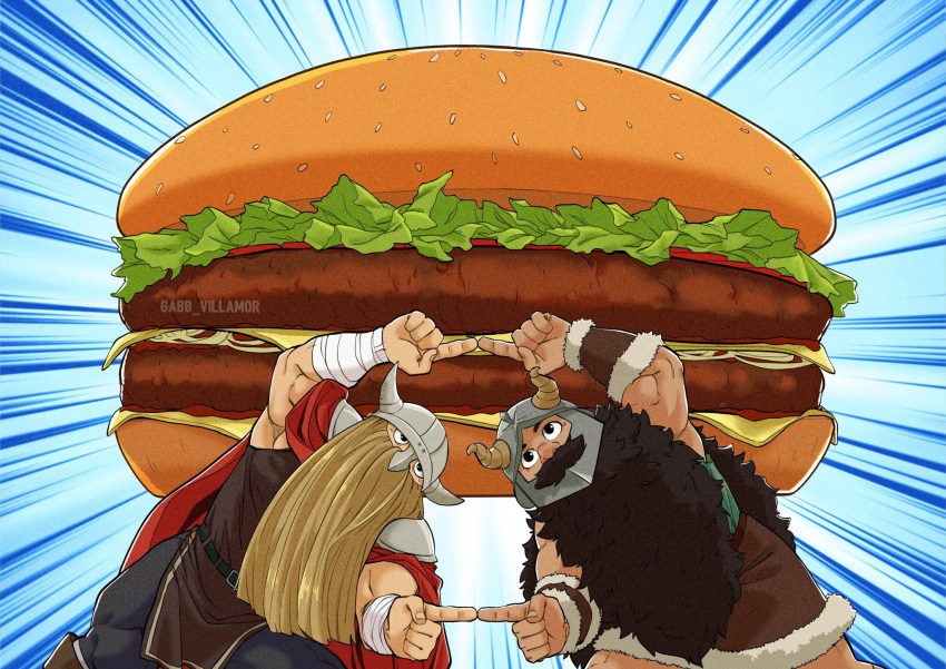 2boys alternate_muscle_size bara beard biceps burger character_request crossover dungeon_meshi dwarf emphasis_lines facial_hair fake_horns food food_focus fusion_dance gabbvillamor helmet highres horned_helmet horns leaning_to_the_side light_brown_hair long_beard male_focus multiple_boys muscular muscular_male mustache parody senshi_(dungeon_meshi) sousou_no_frieren species_connection thick_mustache very_long_beard