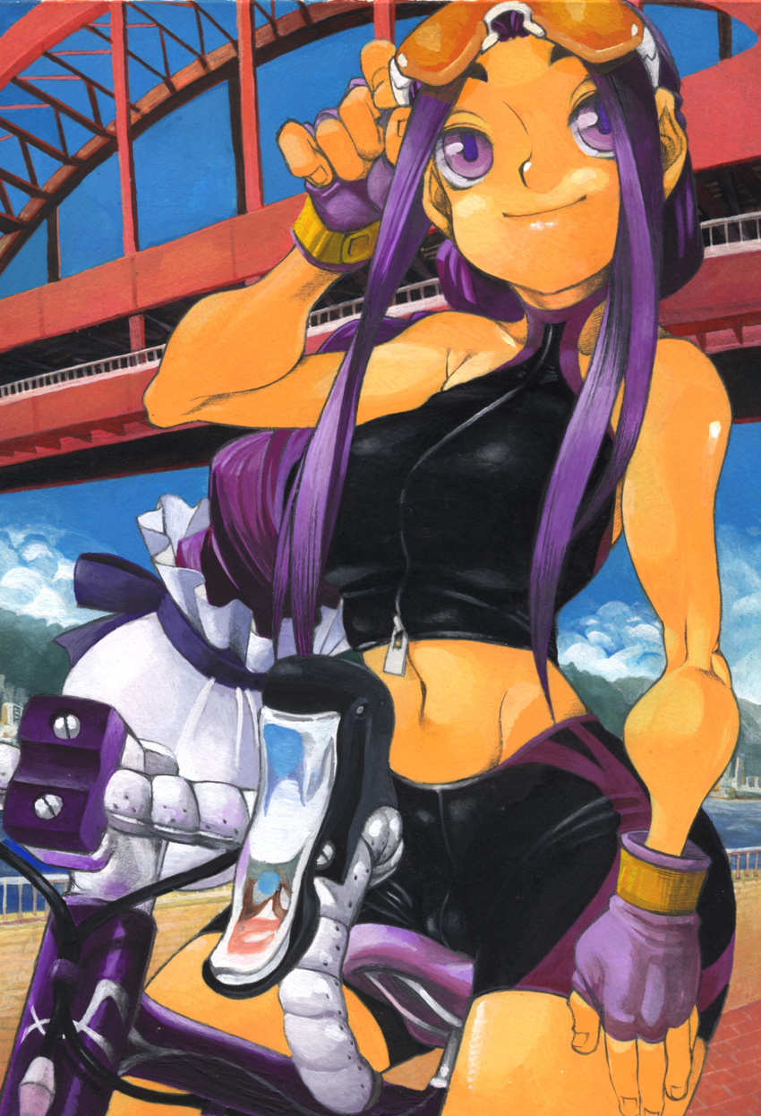 absurdres bad_id bad_pixiv_id bicycle bike_shorts bridge fingerless_gloves glasses gloves ground_vehicle highres lime_(saber_j) long_hair manuke0726 midriff navel purple_eyes purple_hair saber_marionette_j solo spandex sports_bra sunglasses traditional_media