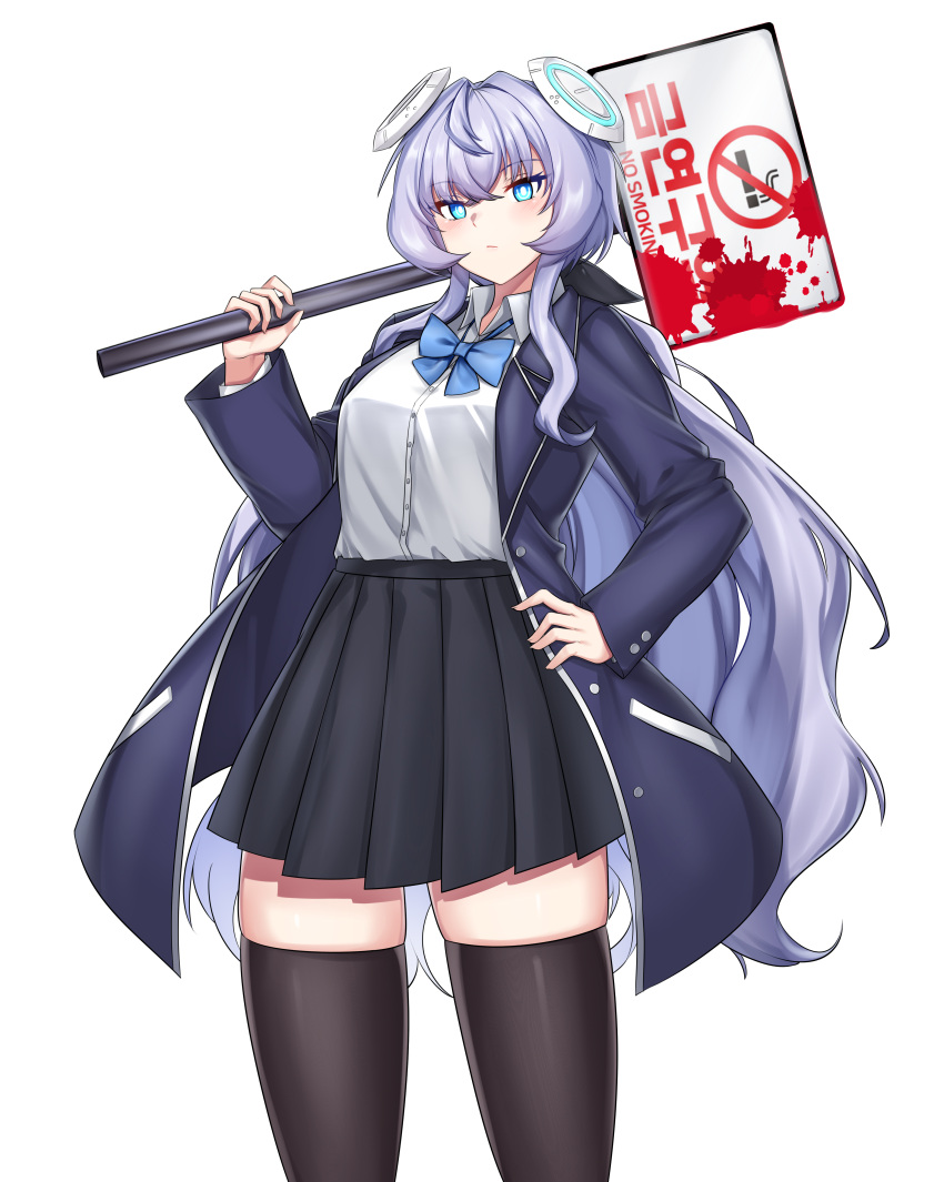 1girl absurdres black_jacket black_skirt black_thighhighs blood blood_splatter blue_bow blue_bowtie blue_eyes blush bow bowtie collared_shirt commentary commission counter:side crossed_bangs dress_shirt grey_hair hair_intakes hand_on_own_hip headgear highres holding holding_sign holding_weapon horizon_(counter:side) jacket long_hair long_sleeves looking_at_viewer low_ponytail mapyarong miniskirt no_smoking open_clothes open_jacket over_shoulder pleated_skirt road_sign shirt sidelocks sign simple_background skindentation skirt solo standing thighhighs very_long_hair weapon weapon_over_shoulder white_background white_shirt zettai_ryouiki