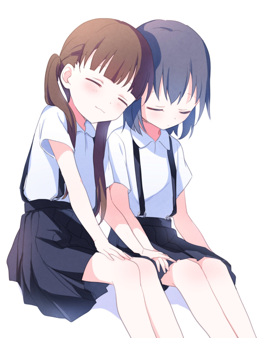 2girls black_skirt blue_hair blunt_bangs blush brown_hair buchi_(y0u0ri_) child closed_eyes closed_mouth collared_shirt commentary feet_out_of_frame hand_on_own_knee highres holding_hands leaning_on_person multiple_girls on_floor original pleated_skirt shadow shirt shirt_tucked_in short_hair short_sleeves simple_background sitting skirt sleeping sleeping_on_person sleeping_upright smile suspender_skirt suspenders twintails white_background white_shirt