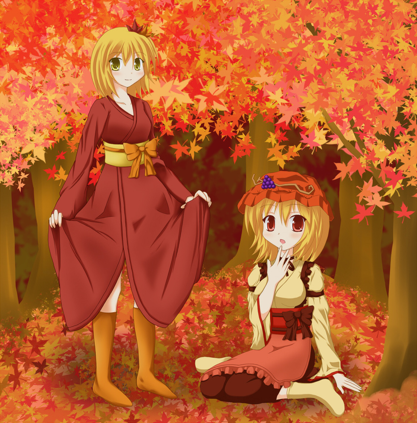 aki_minoriko aki_shizuha autumn bad_feet bad_hands blonde_hair japanese_clothes leaf maple_leaf multiple_girls obi red_eyes sash short_hair siblings sisters touhou tree yellow_eyes yuzutei