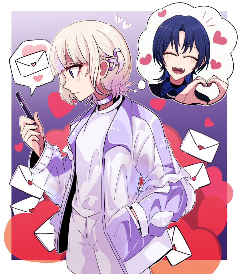 2girls blonde_hair blue_hair blush cellphone choker closed_eyes hand_in_pocket heart heart_hands highres hiodoshi_ao hololive hololive_dev_is jacket love_letter mole mole_under_mouth multiple_girls phone purple_choker purple_eyes purple_jacket shorts smartphone thought_bubble todoroki_hajime vegs virtual_youtuber