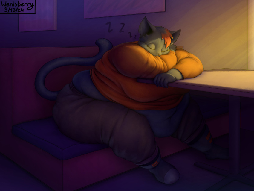 anthro belly big_belly big_breasts booth breasts clothing dated eyes_closed felid feline female furniture hair hi_res light mae_borowski mammal night_in_the_woods obese obese_anthro obese_female orange_clothing orange_hair orange_shirt orange_topwear overweight overweight_anthro overweight_female painting shirt signature sleeping solo sound_effects sunlight table topwear vowelless vowelless_sound_effect wenisberry zzz