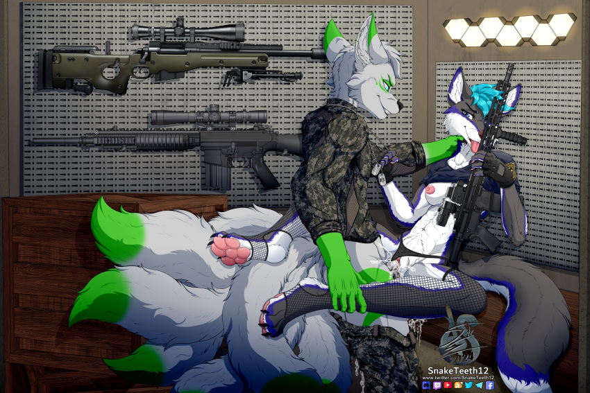 4_toes 5_fingers 6_tails abs anatomically_correct anatomically_correct_genitalia anatomically_correct_penis anatomically_correct_pussy anthro ar-15 arm_tuft armory arsenal assault_rifle athletic athletic_anthro athletic_male belly biceps big_breasts big_dom_small_sub big_hands big_penis black_clothing black_eyebrows black_footwear black_legwear black_nose black_panties black_pawpads black_penis black_socks black_stockings black_underwear blue_clothing blue_eyes blue_hair blue_shirt blue_topwear bodily_fluids bottomwear bottomwear_down box breasts brown_nose butt camo camo_clothing camo_print canid canine canis cheek_tuft clawed_fingers claws clothed clothing clothing_aside container crotch_tuft cum cum_drip cum_in_pussy cum_inside cum_pool cum_while_penetrated cumshot digital_media_(artwork) digitigrade dipstick_tail dog_tags dominant dominant_anthro dominant_male dripping dripping_pussy duo ear_tuft ejaculation elbow_tuft erection eyebrows eyelashes facial_tuft feet female finger_claws fingerless_gloves fingers fishnet_clothing fishnet_leggings fishnet_legwear fishnet_thigh_highs fluffy fluffy_chest fluffy_ears fluffy_hair fluffy_tail foot_tuft footwear forearms fox fur furniture genital_fluids genitals gloves glowing glowing_eyes grabbing_neck green_body green_fur green_markings green_tail_tip grey_body grey_fur gun gun_room gun_wall hair hand_on_neck handpaw handwear hard_sex heel_tuft hi_res holding_gun holding_object holding_ranged_weapon holding_weapon humanoid_genitalia humanoid_penis inner_ear_fluff kyrathewulf larger_male leather leather_clothing leather_gloves leather_handwear led_light leg_grab leggings legs_around_partner legs_around_waist legwear lights lingerie lingerie_panties long_orgasm looking_pleasured m24 m24_a3 m4 male male/female male_penetrating mammal markings military military_uniform multi_tail muscular muscular_anthro muscular_male muscular_thighs navel neck_grab neck_tuft neckwear nipples nyaco on_table orgasm panties panties_aside pants pants_down partially_clothed pattern_clothing pawpads paws penetration penis pink_nipples pink_pawpads pink_pussy pink_tongue police police_badge police_officer police_uniform precision_rifle pubes purple_body purple_fur purple_markings pussy raised_clothing raised_topwear ranged_weapon rifle rifle_scope rifles rough_sex scope sex shirt short_hair sitting sitting_on_table size_difference slim small_waist smaller_female smaller_penetrated smile smiling_at_partner smirk smirking_at_partner snaketeeth12 sniper sniper_rifle socks spiky_hair sr-25/m110 standing stockings t-shirt table tail tail_markings teeth thick_thighs thigh_highs thigh_socks toe_claws toes toned_stomach tongue tongue_out topwear topwear_lift triceps true_fox tuft underwear underwear_aside uniform vaginal vaginal_fluids vaginal_penetration vein veiny_penis weapon white_body white_fur white_inner_ear_fluff white_markings white_neck wolf wood wood_furniture wood_table wooden_box