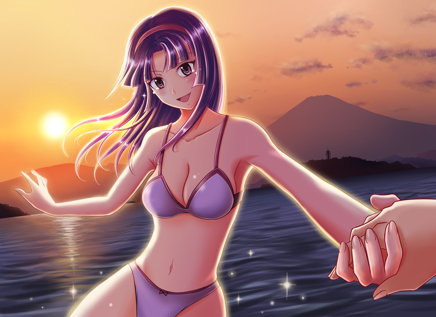 bikini black_hair breasts brown_eyes cleavage dragging dutch_angle hairband holding_hands long_hair looking_at_viewer medium_breasts mikii navel original out_of_frame pov pov_hands solo_focus sunset swimsuit