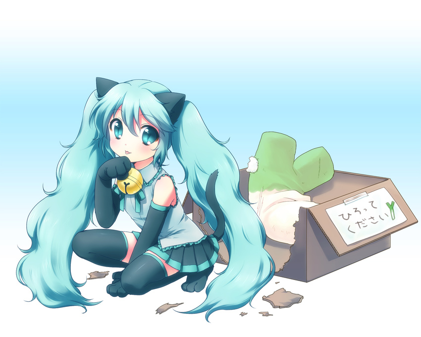 :3 animal_ears aqua_eyes aqua_hair bell cat_ears cat_tail detached_sleeves gloves hatsune_miku highres jingle_bell long_hair necktie paw_gloves paws skirt solo spring_onion tail thighhighs twintails usashiro_mani very_long_hair vocaloid