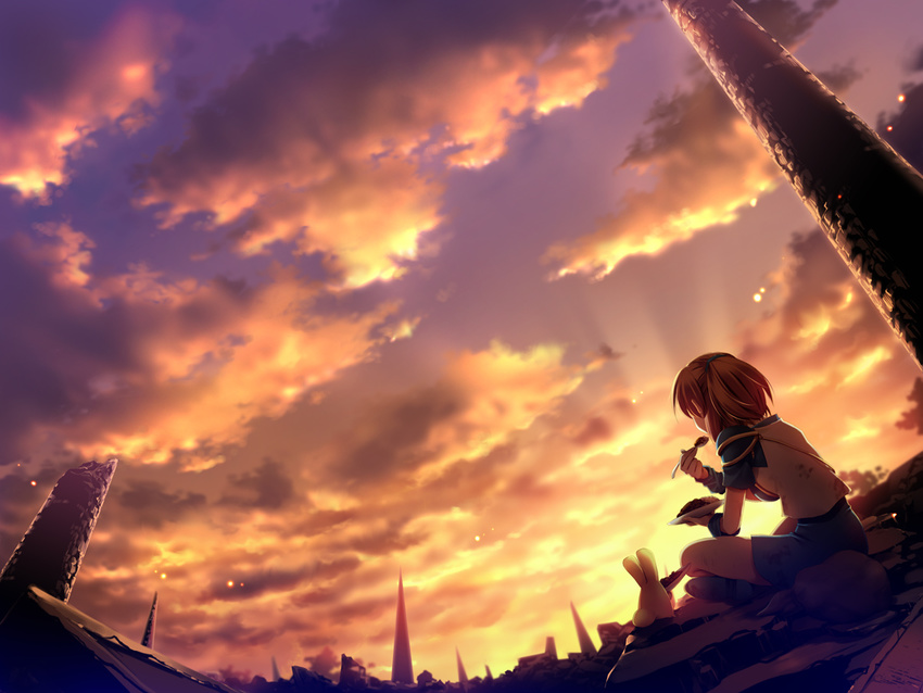 490 arle_nadja bunny carbuncle_(puyopuyo) cloud curry dusk dutch_angle eating evening fisheye food light madou_monogatari puyopuyo scenery sitting sky solo