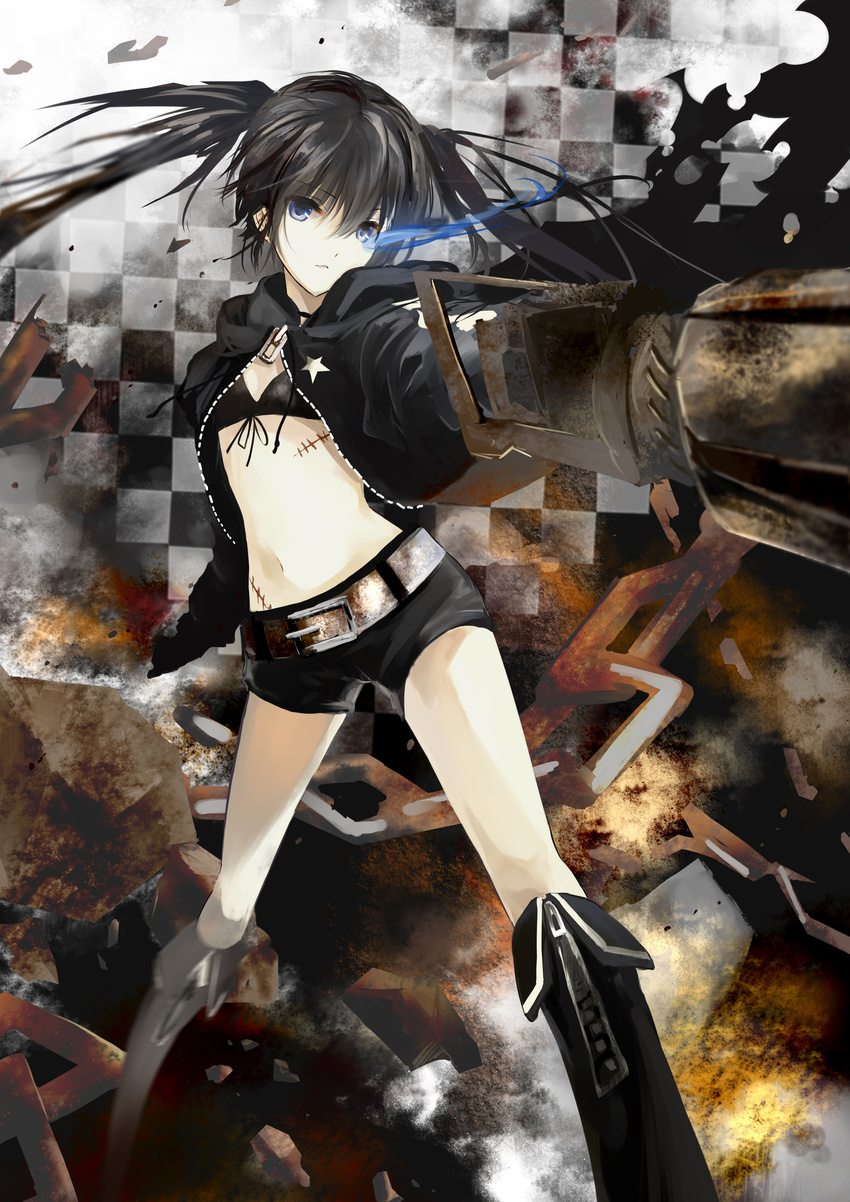 absurdres arm_cannon bad_id bad_pixiv_id belt black_hair black_rock_shooter black_rock_shooter_(character) blue_eyes boots burning_eye chain checkered checkered_background highres huge_weapon knee_boots long_hair midriff motion_blur nagata_ozu navel pale_skin scar shorts solo star twintails weapon