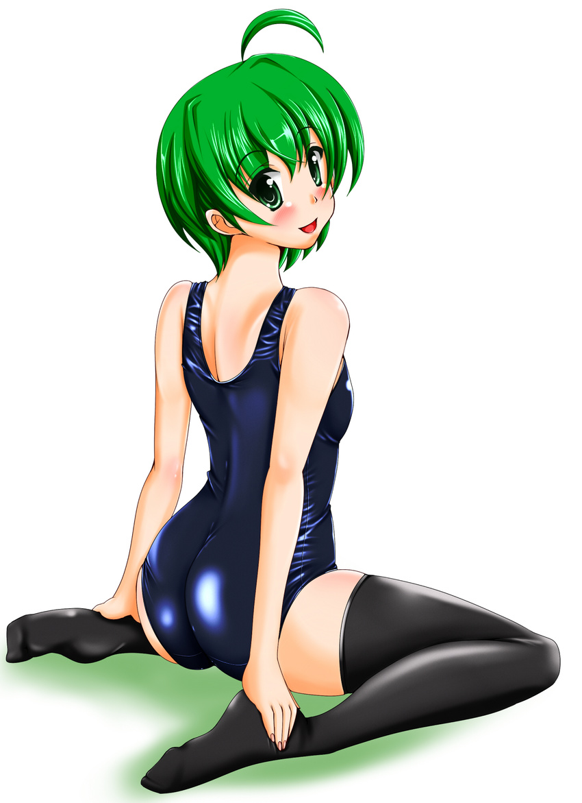 bad_id bad_pixiv_id blush from_behind green_eyes green_hair highres looking_back one-piece_swimsuit original school_swimsuit shiny shiny_clothes short_hair skindentation smile solo swimsuit tera_hiroshi thighhighs