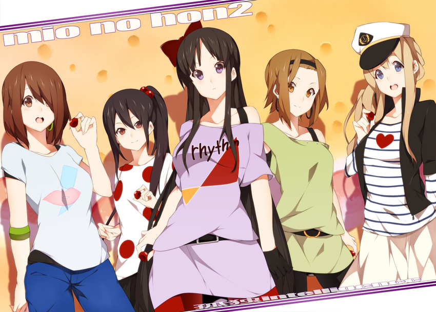 akiyama_mio bad_id bad_pixiv_id black_hair blonde_hair blue_eyes brown_eyes brown_hair casual food fruit hair_bobbles hair_ornament hair_over_one_eye hairband hat highres hirasawa_yui k-on! kotobuki_tsumugi listen!! long_hair multiple_girls nakano_azusa nanao_(mahaya) pantyhose polka_dot purple_eyes short_hair side_ponytail strawberry tainaka_ritsu