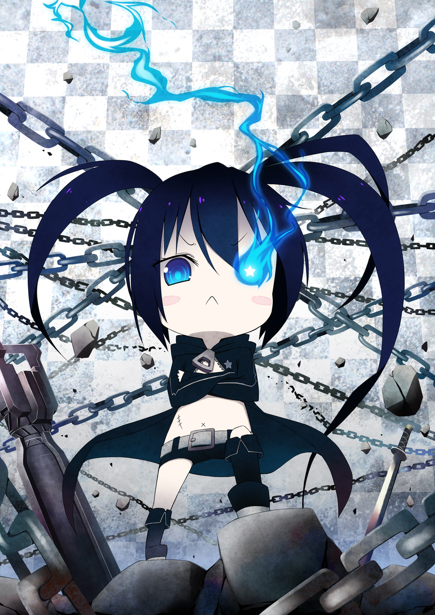 :&lt; absurdres black_hair black_rock_shooter black_rock_shooter_(character) blue_eyes chain chibi crossed_arms glowing glowing_eyes highres long_hair solo tsukina_(artist) twintails