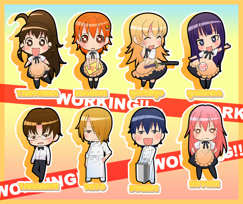 4girls blonde_hair blue_hair brown_hair chibi cigarette glasses hair_over_one_eye inami_mahiru katana multiple_boys multiple_girls orange_hair otoko_no_ko pantyhose pink_hair purple_hair rin2008 satou_jun souma_hiroomi sword takanashi_kotori takanashi_souta taneshima_popura todoroki_yachiyo waitress weapon working!! yamada_aoi