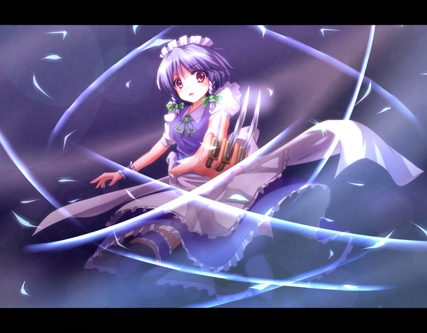 braid holding holding_knife izayoi_sakuya knife knives_between_fingers letterboxed maid maid_headdress red_eyes ryosios short_hair silver_hair solo touhou twin_braids