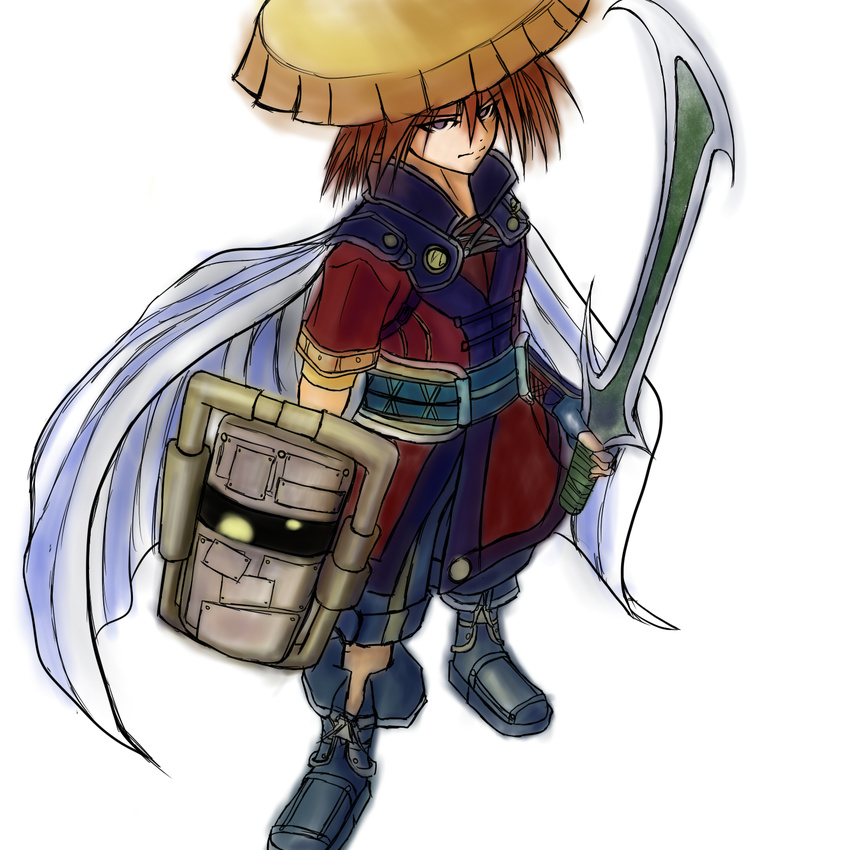 fuurai_no_shiren hat highres male_focus sandogasa shield solo sword tekijira weapon