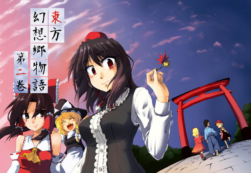 5girls aki_minoriko aki_shizuha alternate_costume bad_id bad_pixiv_id bell hakurei_reimu kirisame_marisa makaze_(t-junction) multiple_girls shameimaru_aya torii touhou