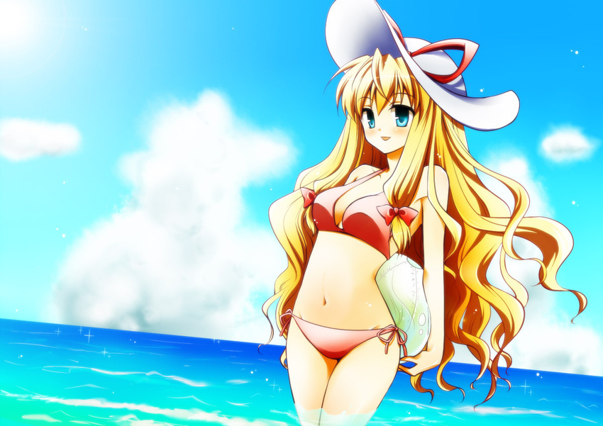 ball beachball bikini blonde_hair blue_eyes hat long_hair ocean solo sun_hat swimsuit touhou wading water yakumo_yukari yube_(skyhacker)