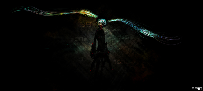 9210 bad_id bad_pixiv_id black dark glowing glowing_hair hatsune_miku highres long_hair mask multicolored_hair solo t-shirt_material twintails very_long_hair vocaloid