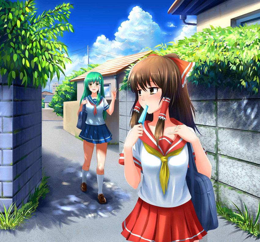 alternate_costume brown_hair cloud contemporary day food green_hair hakurei_reimu highres kochiya_sanae legs multiple_girls popsicle school_uniform serafuku touhou town walking windtalker