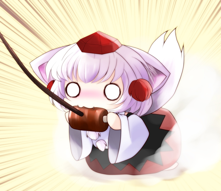 :3 animal_ears biting boned_meat chibi detached_sleeves fangs food hat highres inubashiri_momiji meat o_o short_hair solo tail tokin_hat touhou white_hair wolf_ears wolf_tail yume_shokunin