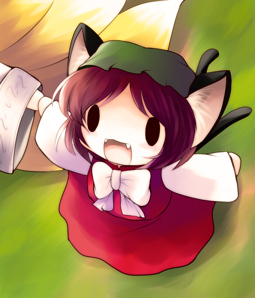 :3 animal_ears chen chibi fangs hat highres multiple_tails solo_focus tail touhou yakumo_ran yume_shokunin