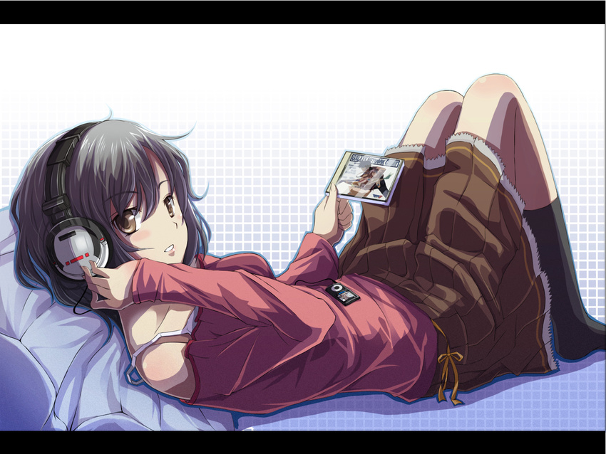 blush bra_strap brown_eyes cd chiri_(atlanta) digital_media_player grey_hair headphones ipod kneehighs letterboxed long_sleeves looking_at_viewer lying off_shoulder on_back original pleated_skirt ribbon skirt socks solo