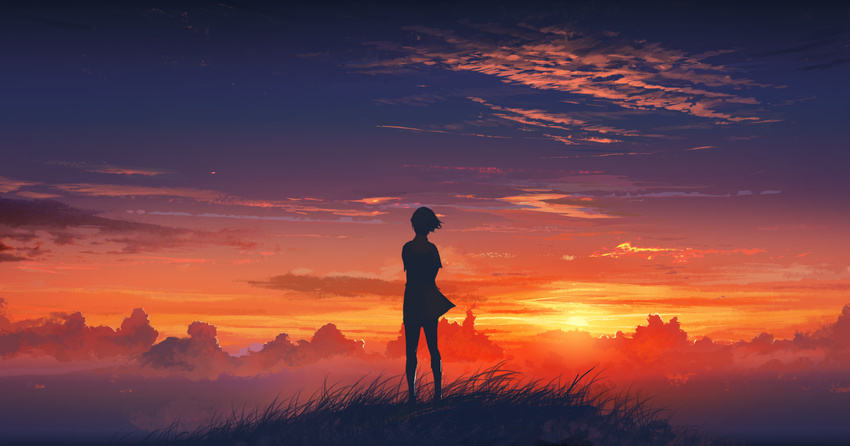 agnidevi cloud from_behind grass highres original scenery short_hair silhouette skirt sky solo standing sun sunset twilight wind