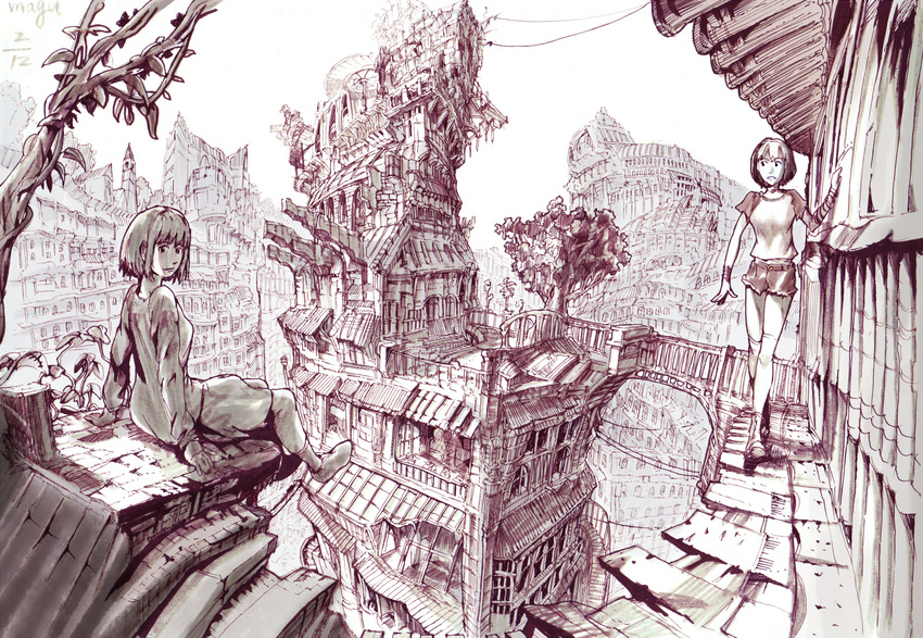 building city cityscape highres maguon monochrome multiple_girls original plant power_lines short_hair shorts sitting tower traditional_media tree