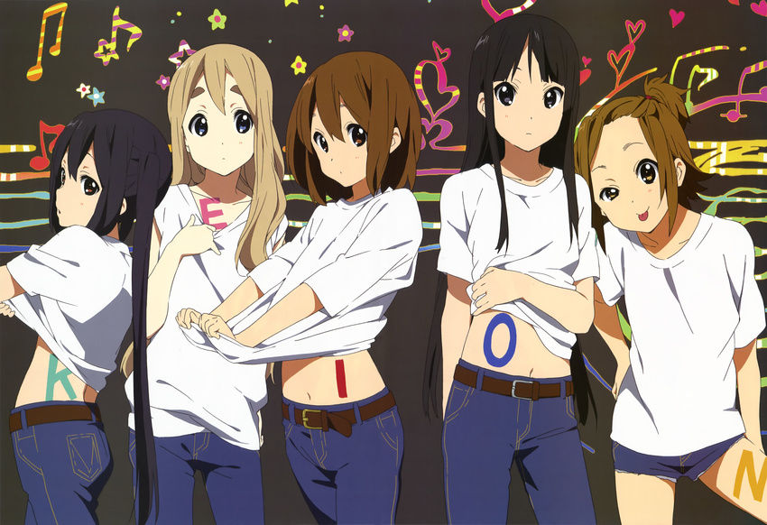 :p absurdres akiyama_mio belt black_eyes black_hair blonde_hair blue_eyes brown_eyes brown_hair denim denim_shorts highres hirasawa_yui horiguchi_yukiko jeans k-on! kotobuki_tsumugi long_hair multiple_girls nakano_azusa navel non-web_source nyantype official_art pants shirt short_hair shorts tainaka_ritsu tongue tongue_out twintails very_long_hair