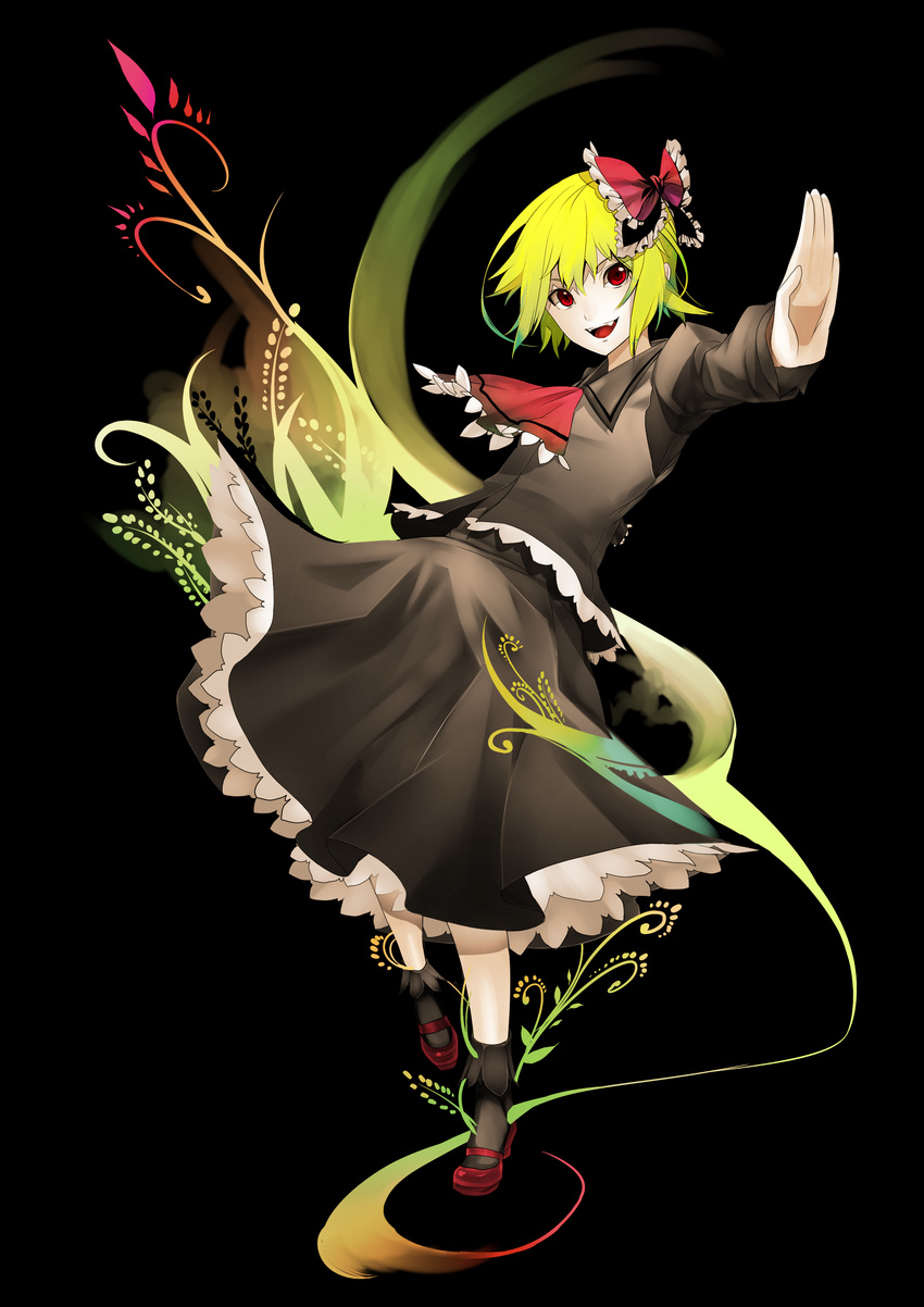 absurdres blonde_hair colorized fangs foreshortening hair_ribbon hands highres kusakanmuri mary_janes outstretched_arms red_eyes ribbon rumia shoes short_hair smile solo spread_arms touhou tsukimoto_aoi