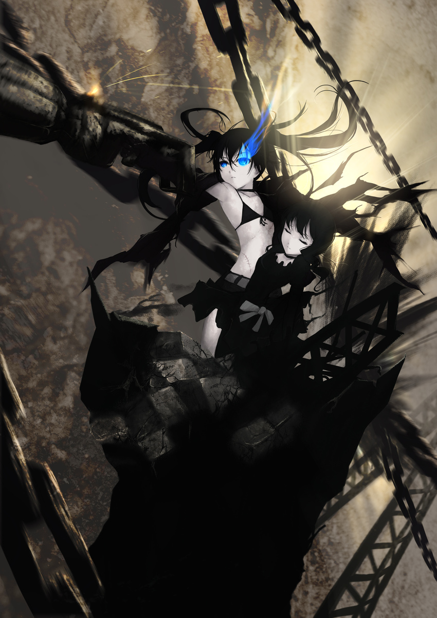 absurdres bikini_top black_hair black_rock_shooter black_rock_shooter_(character) blue_eyes burning_eye cait chain dead_master gun highres long_hair multiple_girls scar twintails weapon