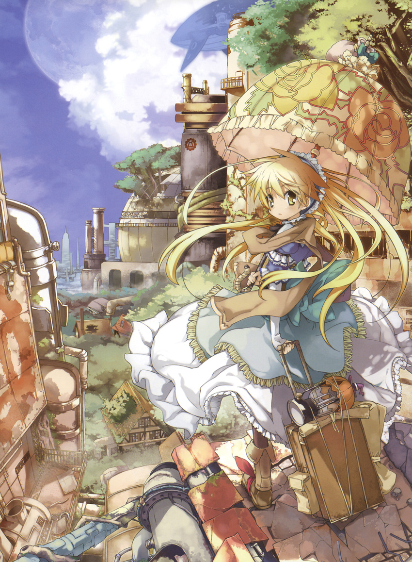 absurdres aircraft blonde_hair boots city cityscape copyright_request dirigible dress flying full_moon hairband highres house lantern long_hair luggage moon parasol scarf sky solo tree umbrella yamamoto_keiji yellow_eyes