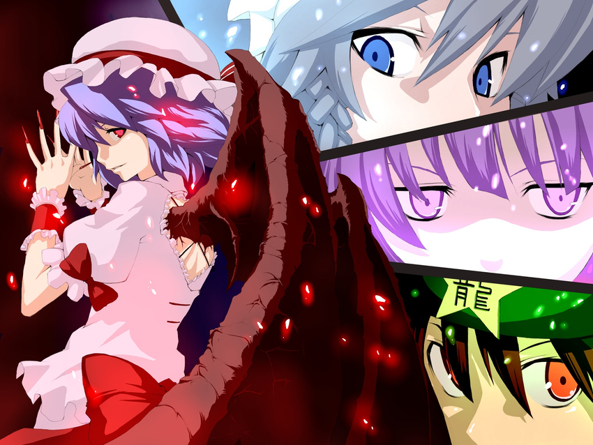 back_cutout bangs bat_wings beret blue_eyes blue_hair bow braid brown_hair cowboy_shot expressionless face fingernails frilled_cuffs frilled_shirt frills frown glowing grey_hair hair_between_eyes half-closed_eyes hands_up hat hat_ribbon highres hong_meiling izayoi_sakuya lavender_eyes lavender_hair light_particles long_fingernails looking_at_viewer looking_back maid_headdress mob_cap morino_hon multiple_girls nail_polish orange_eyes outstretched_hand parted_lips patchouli_knowledge pink_shirt profile puffy_short_sleeves puffy_sleeves purple_eyes red_bow red_eyes red_nails red_ribbon remilia_scarlet ribbon sash shiny shiny_skin shirt short_hair short_sleeves shoulder_blades single_braid skirt skirt_set slit_pupils sparks star touhou veins wings wrist_cuffs